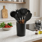 Cooking Utensil Set with Silicone Heads and Wooden Handles - black