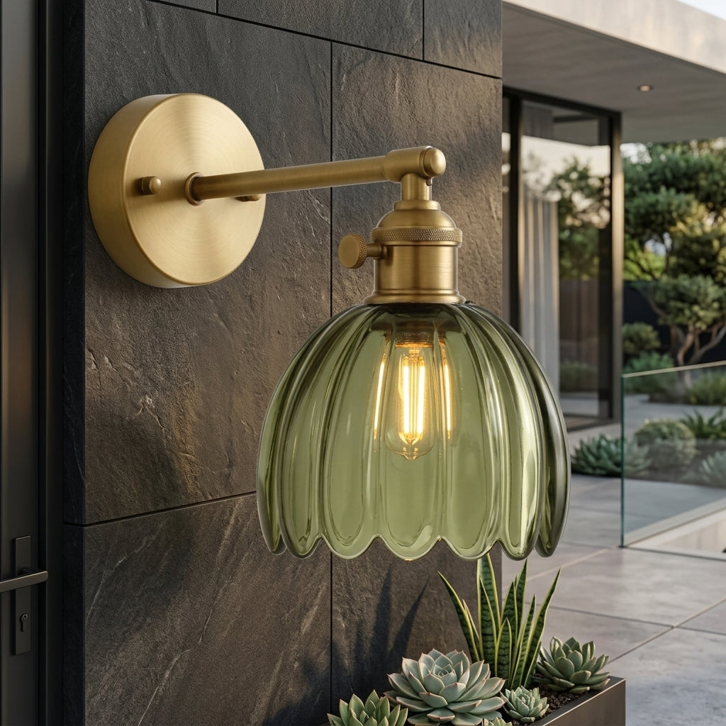 Wall Sconce with Tulip Shaped Glass Shade and Metal Mount - green