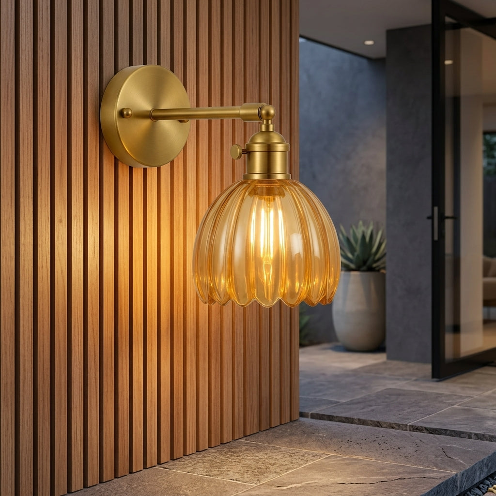 Wall Sconce with Tulip Shaped Glass Shade and Metal Mount - amber