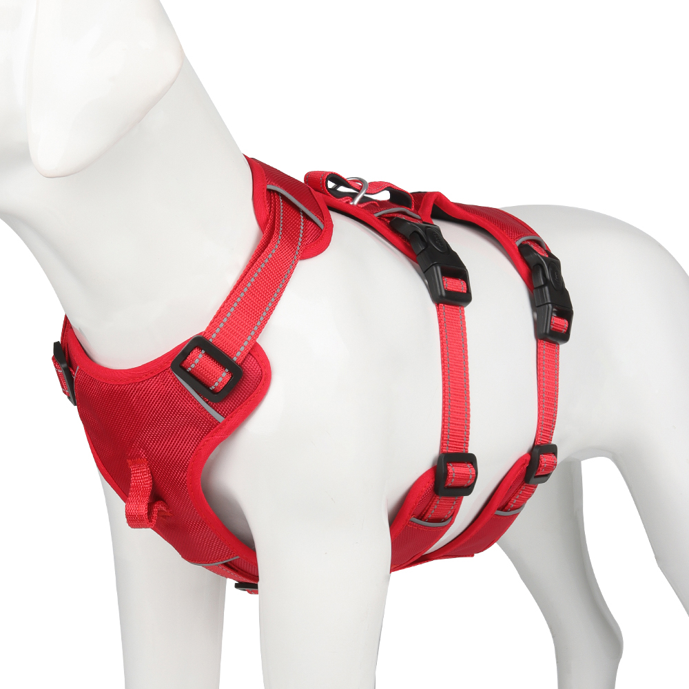 No-pull dog harness with reflective strips and adjustable fit - red