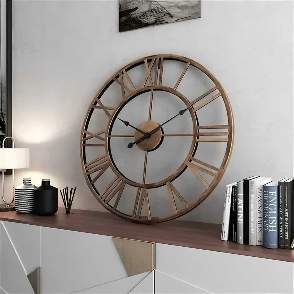 Wall clock with retro metal design and Roman numerals