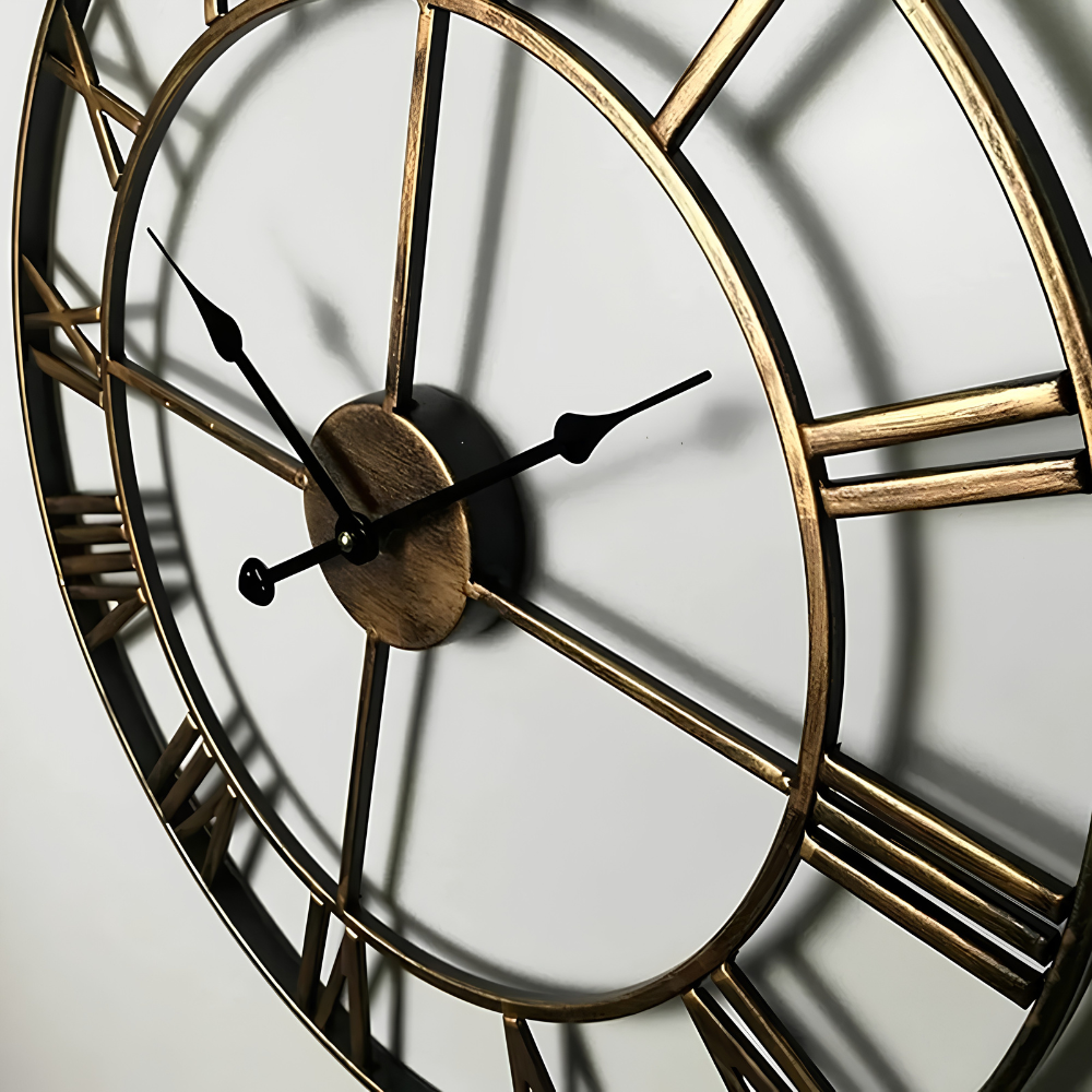 Wall clock with retro metal design and Roman numerals