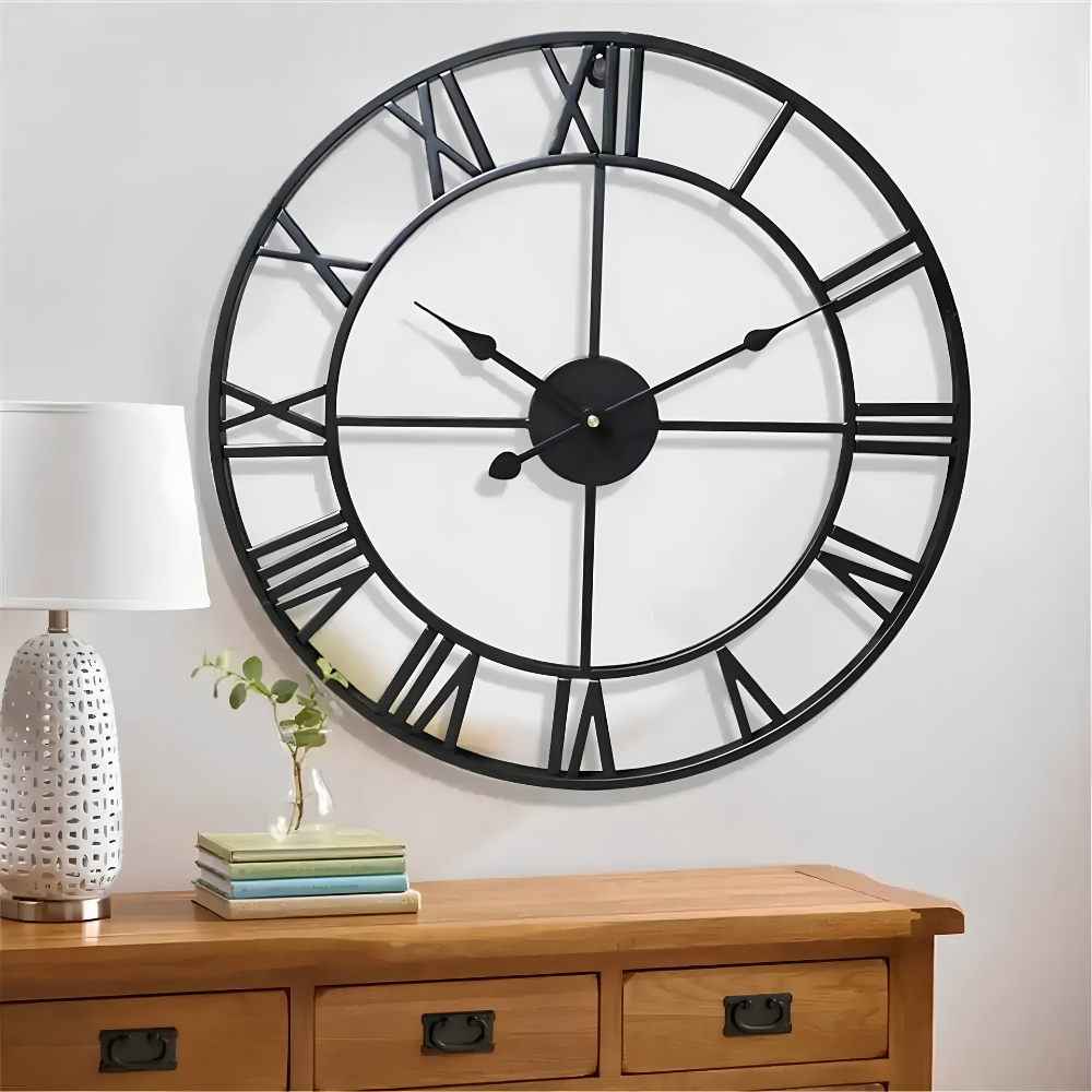 Wall clock with retro metal design and Roman numerals