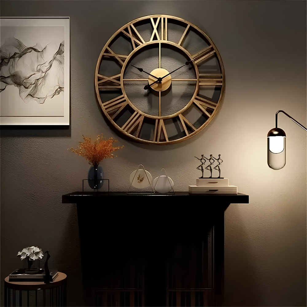 Wall clock with retro metal design and Roman numerals