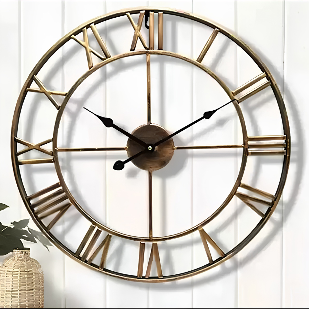 Wall clock with retro metal design and Roman numerals