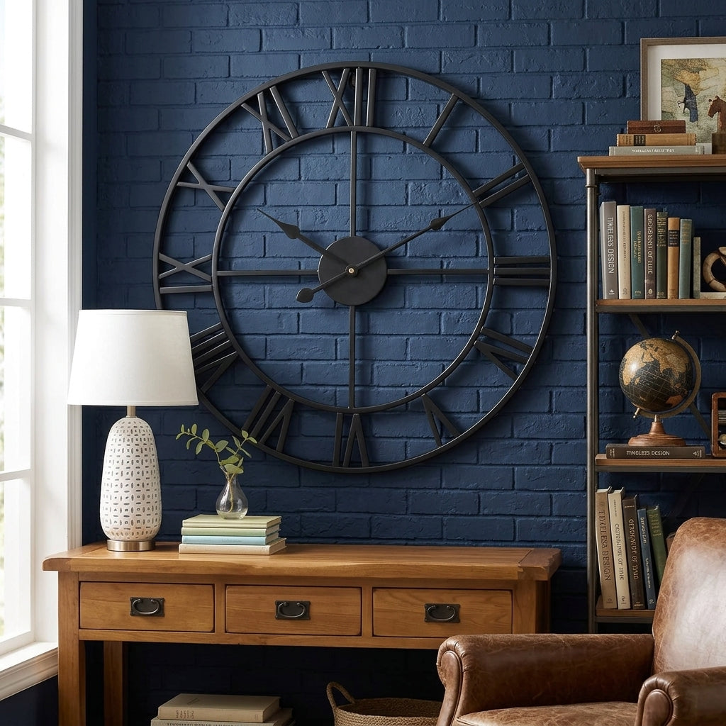 Wall clock with retro metal design and Roman numerals - black
