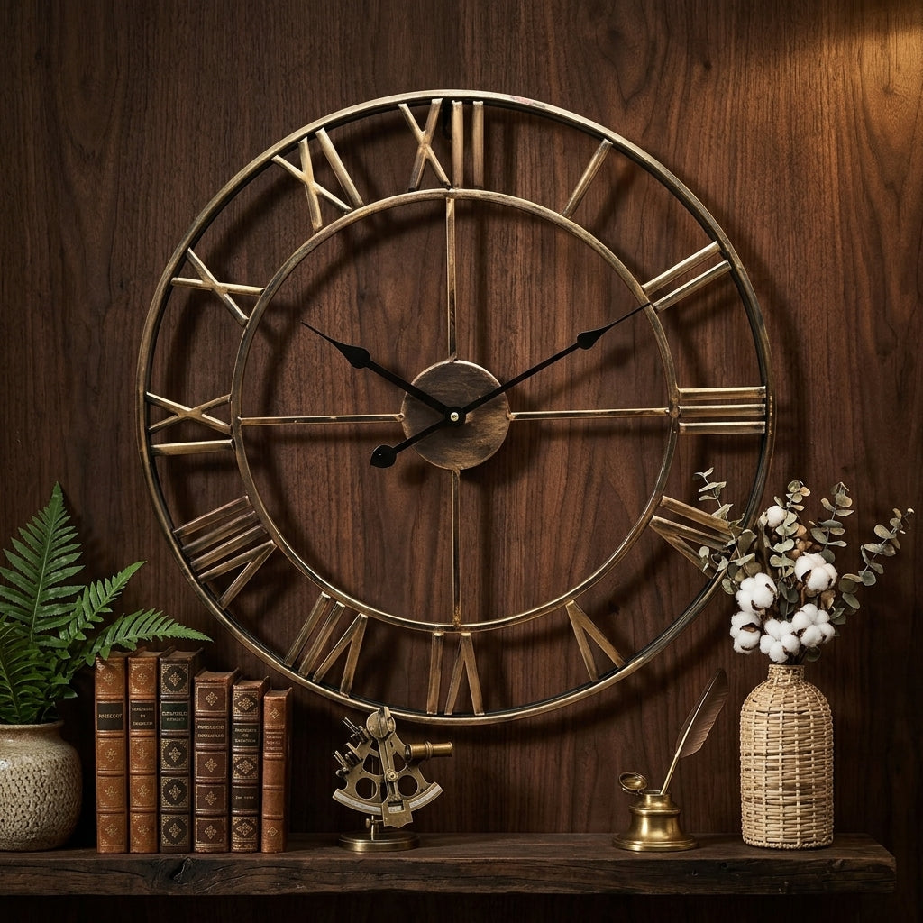 Wall clock with retro metal design and Roman numerals - copper