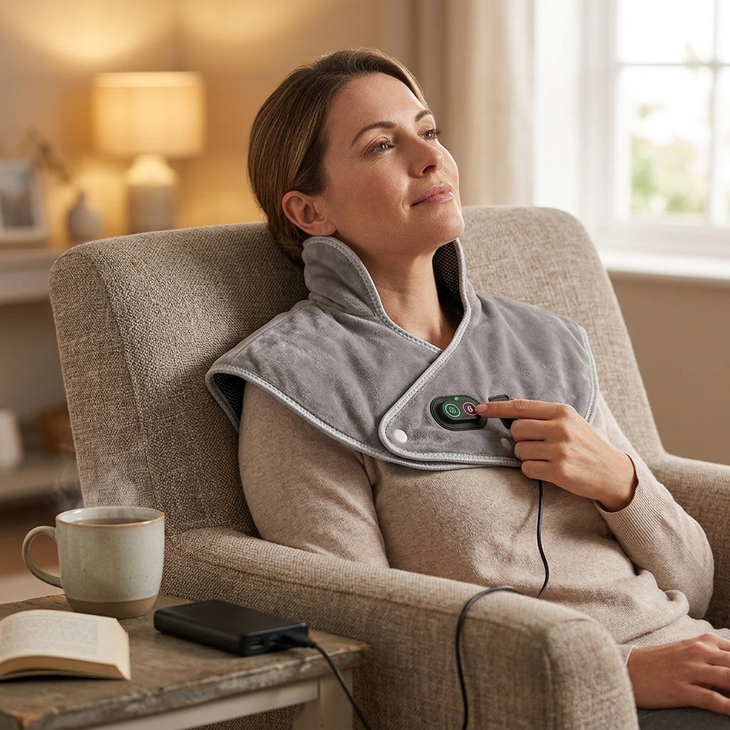Neck massager with adjustable heat and USB charging
