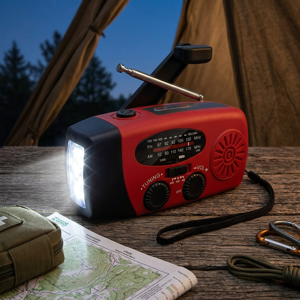 Solar powered emergency radio with SOS alarm and hand crank - red