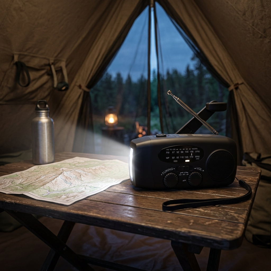 Solar powered emergency radio with SOS alarm and hand crank - black