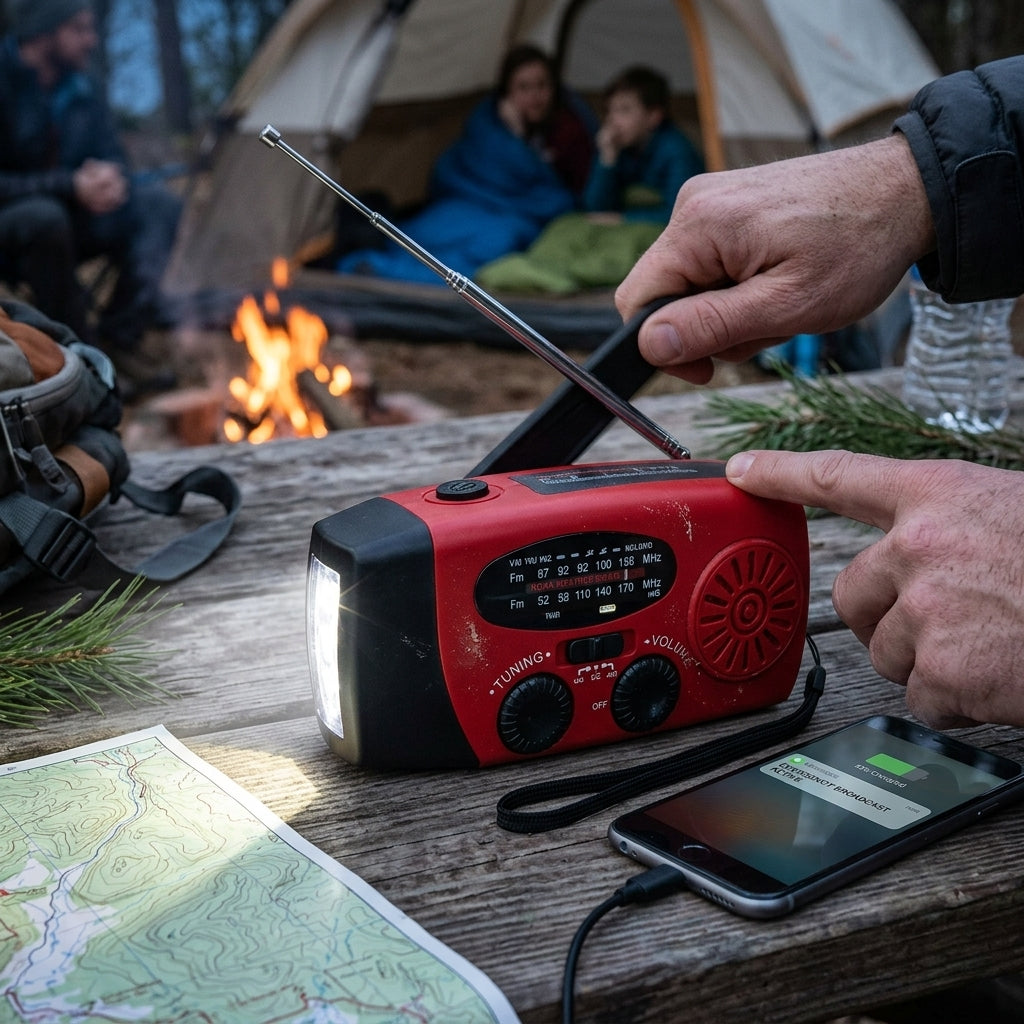 Solar powered emergency radio with SOS alarm and hand crank