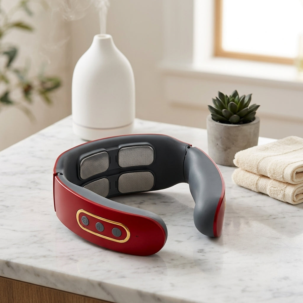 Neck and shoulder massager with TENS pulse and heat - red