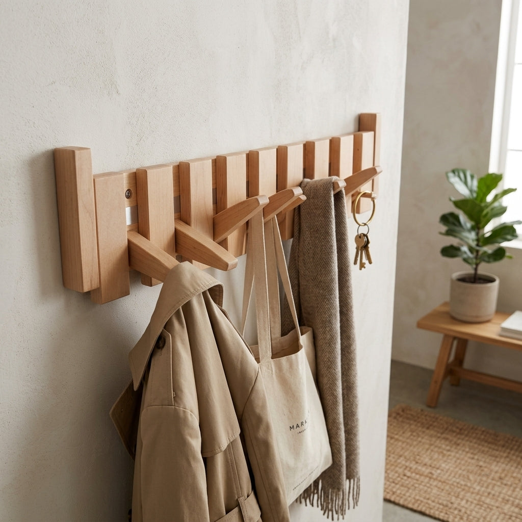 Wall mounted coat rack with hooks and solid wood
