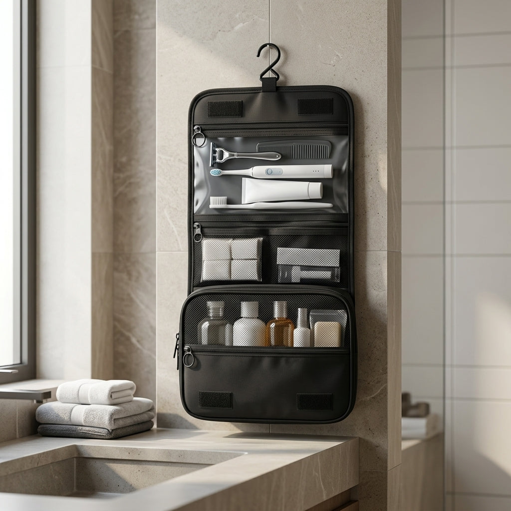 Travel toiletry bag with hanging hook and mesh pockets - black
