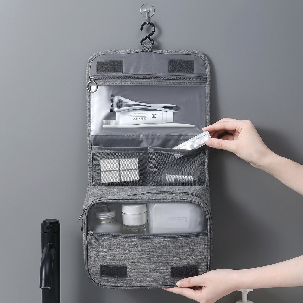 Travel toiletry bag with hanging hook and mesh pockets