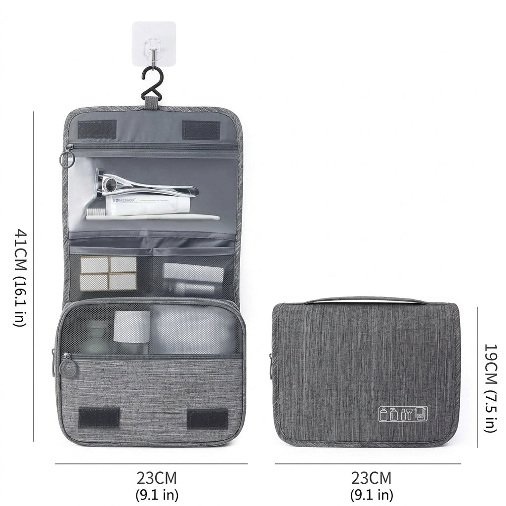 Travel toiletry bag with hanging hook and mesh pockets