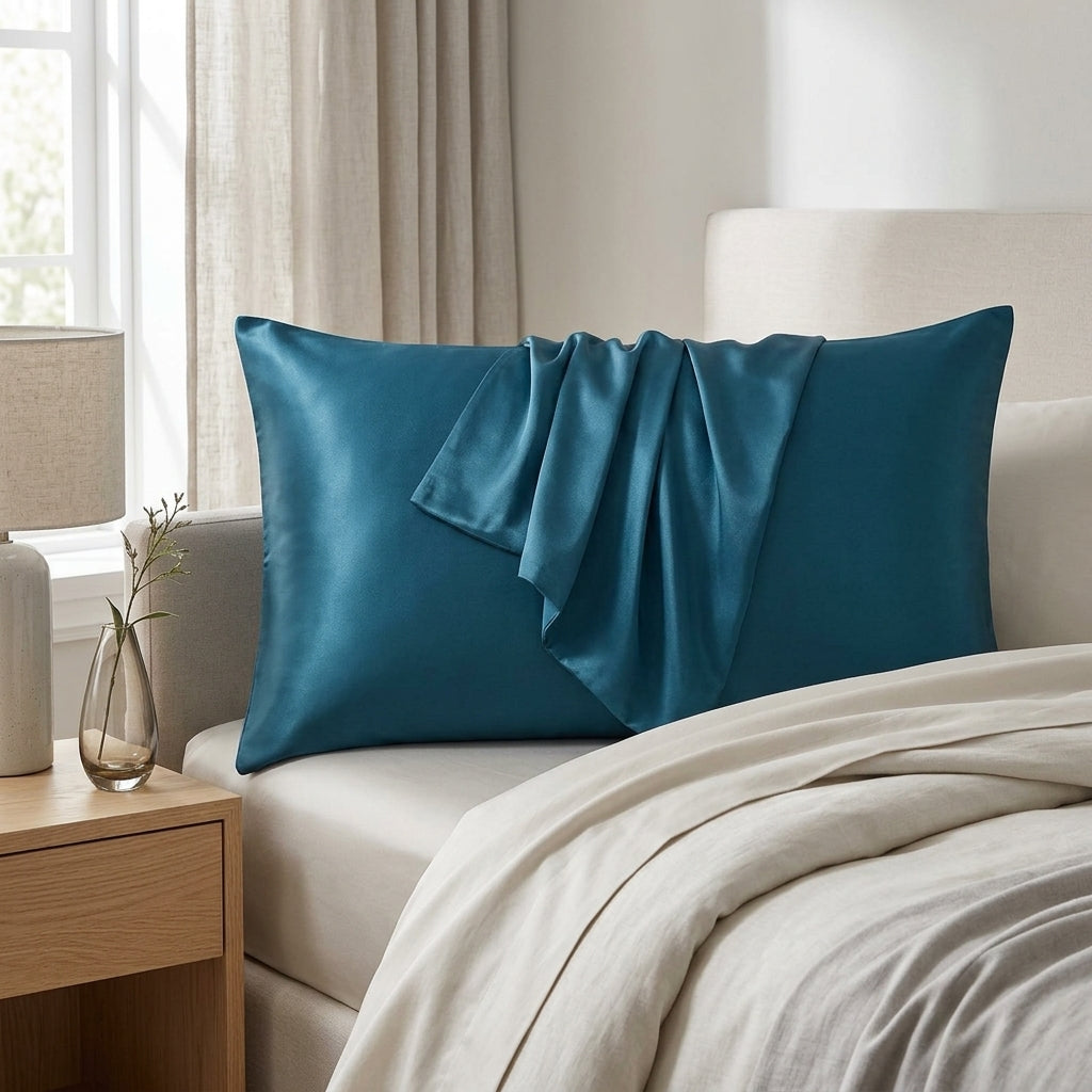 Silk pillowcase with temperature regulating design and hidden zip - peacock blue