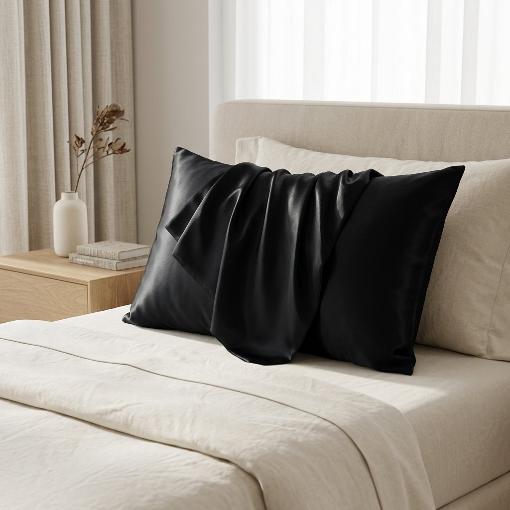 Silk pillowcase with temperature regulating design and hidden zip - black