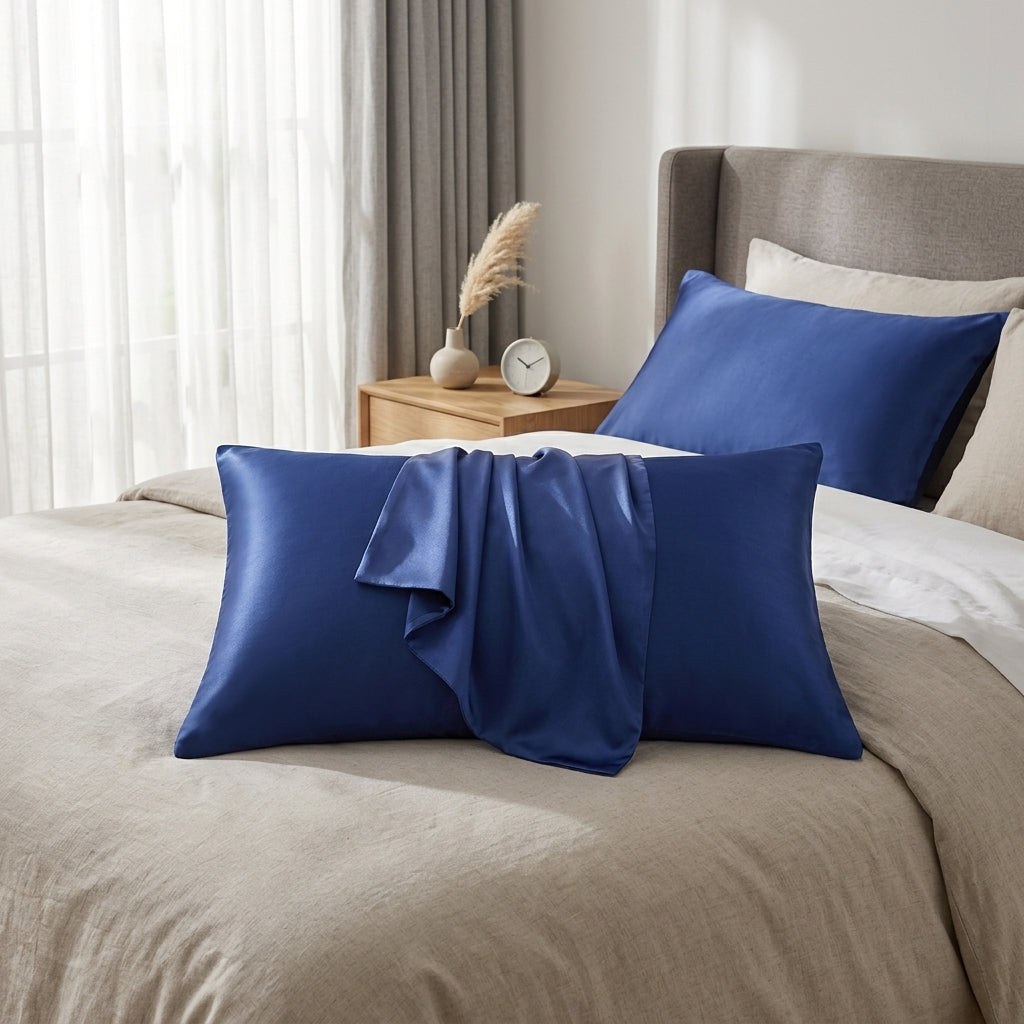 Silk pillowcase with temperature regulating design and hidden zip - dark blue