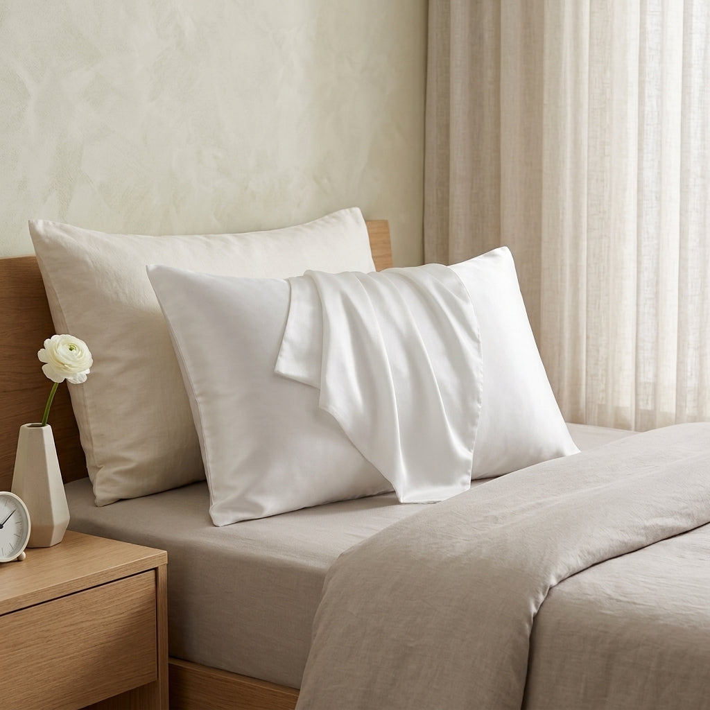 Silk pillowcase with temperature regulating design and hidden zip - white