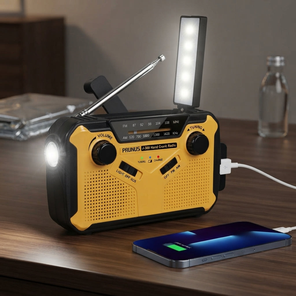 Emergency radio with hand crank and LED flashlight