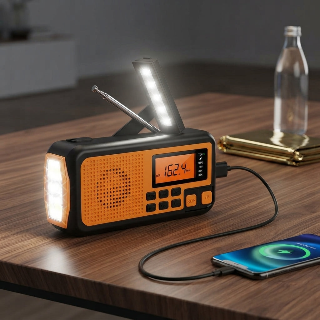 Emergency radio with hand crank and LED flashlight