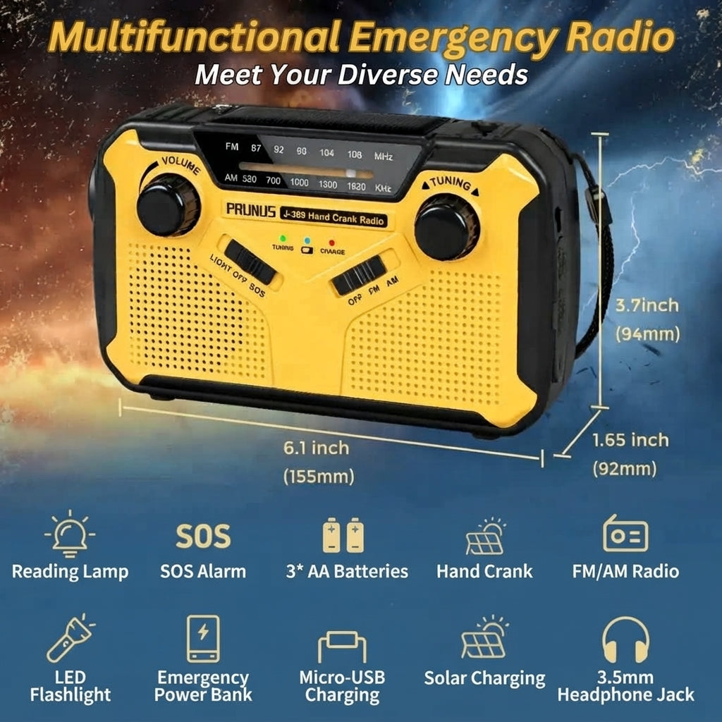 Emergency radio with hand crank and LED flashlight