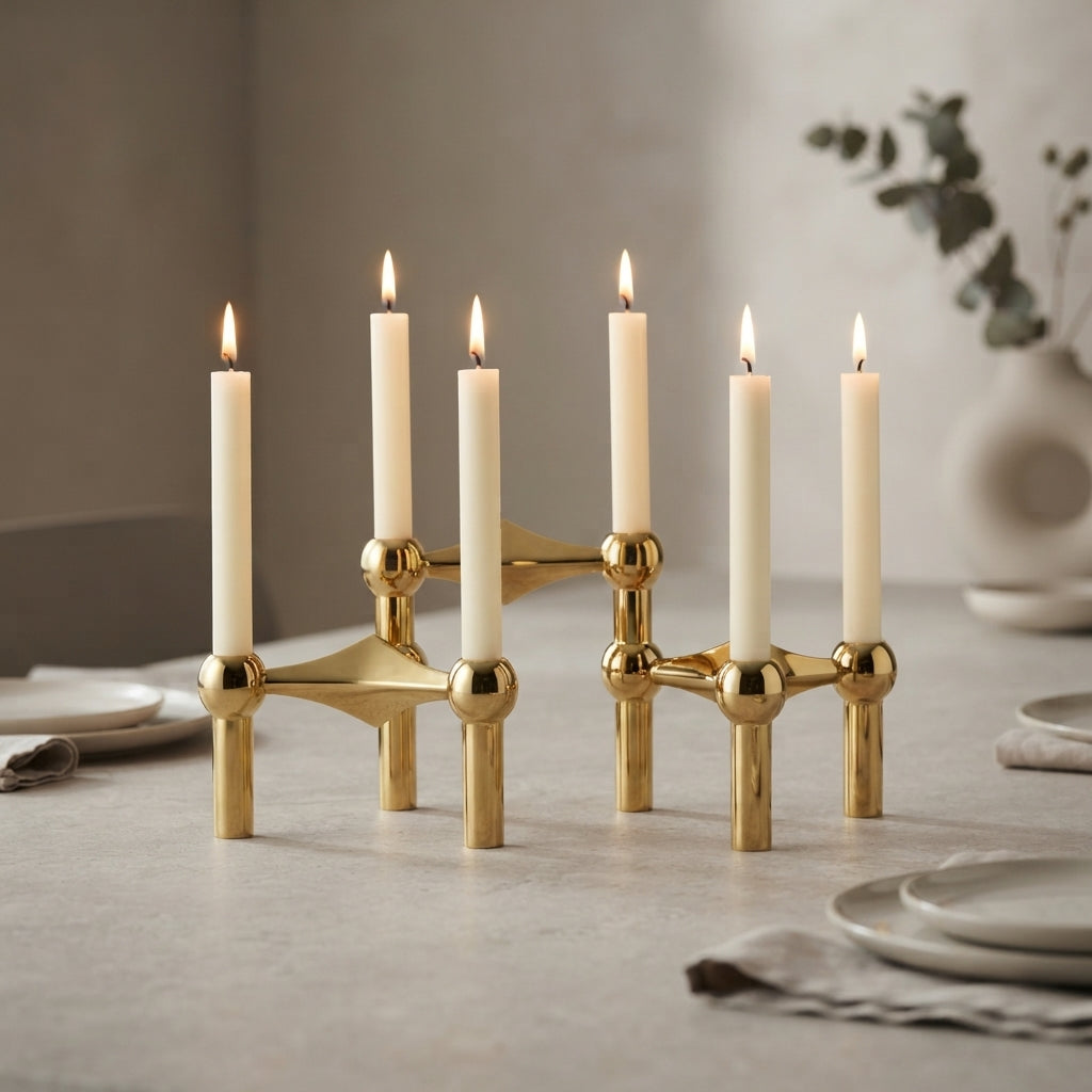 Metal candle holder with modular construction and steel body - gold