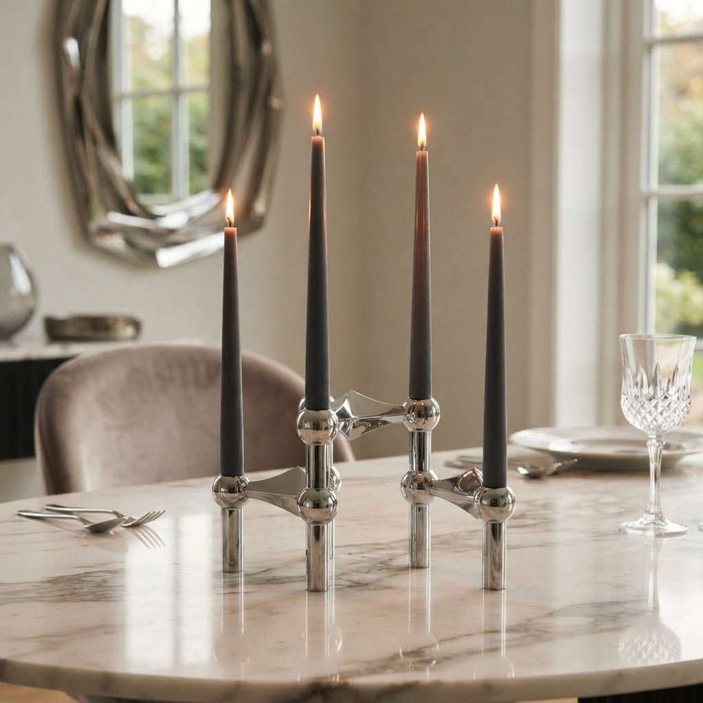 Metal candle holder with modular construction and steel body - silver
