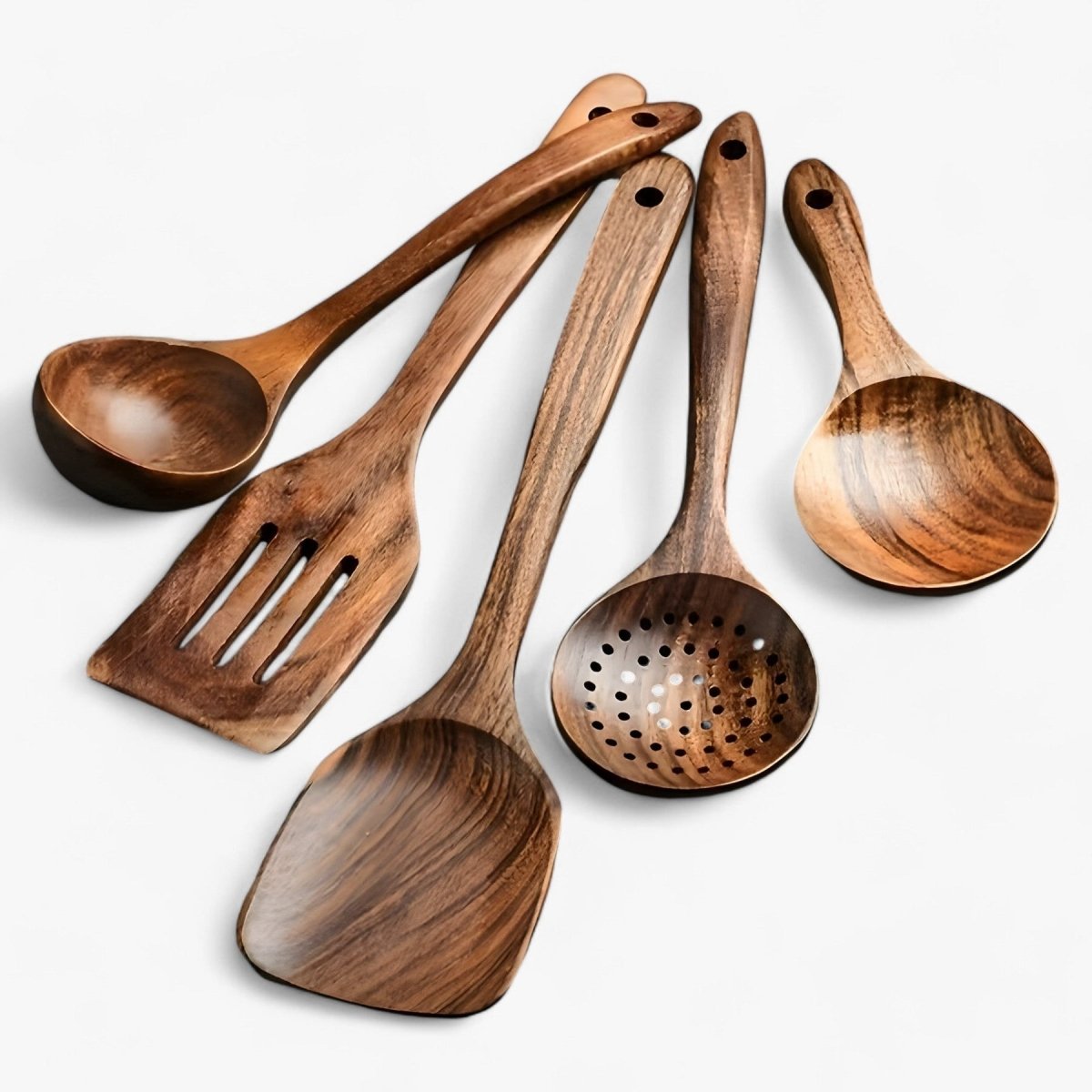 Wooden utensil set with eleven heat resistant pieces