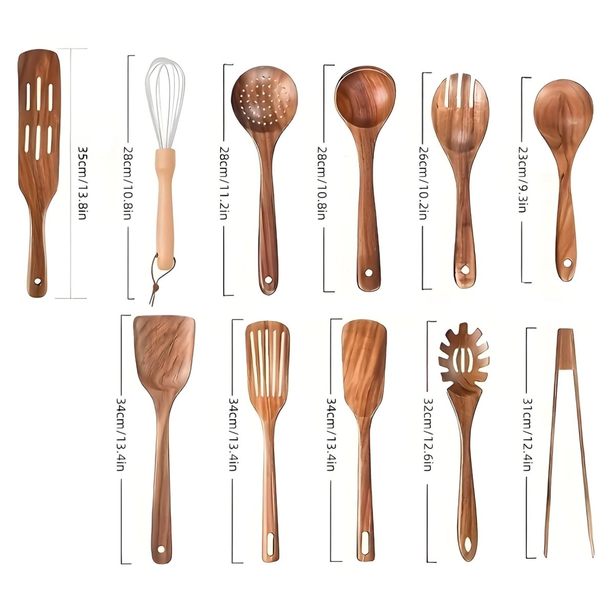 Wooden utensil set with eleven heat resistant pieces