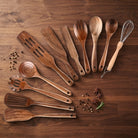 Wooden utensil set with eleven heat resistant pieces