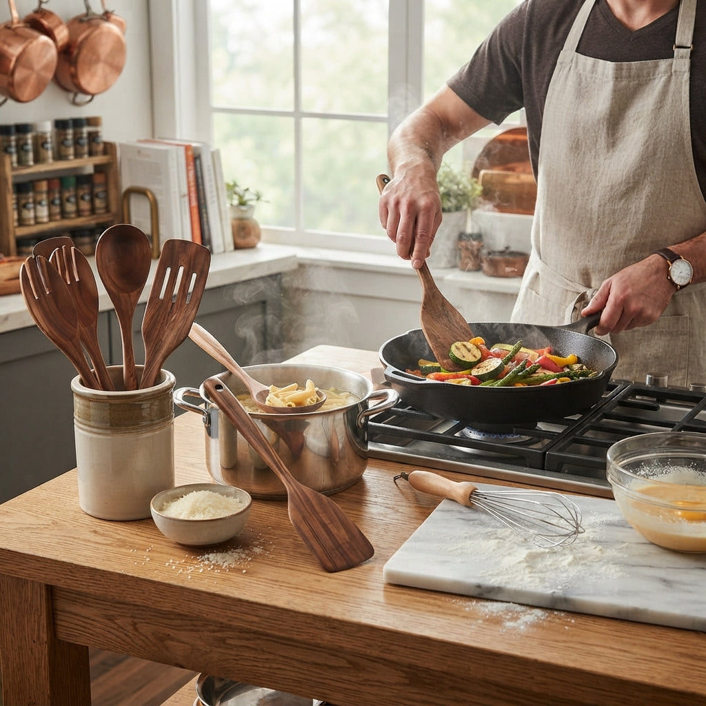Wooden utensil set with eleven heat resistant pieces