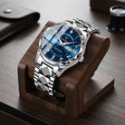 Titanium watch with analogue digital display and scratch resistant glass - silver bracelet with blue dial