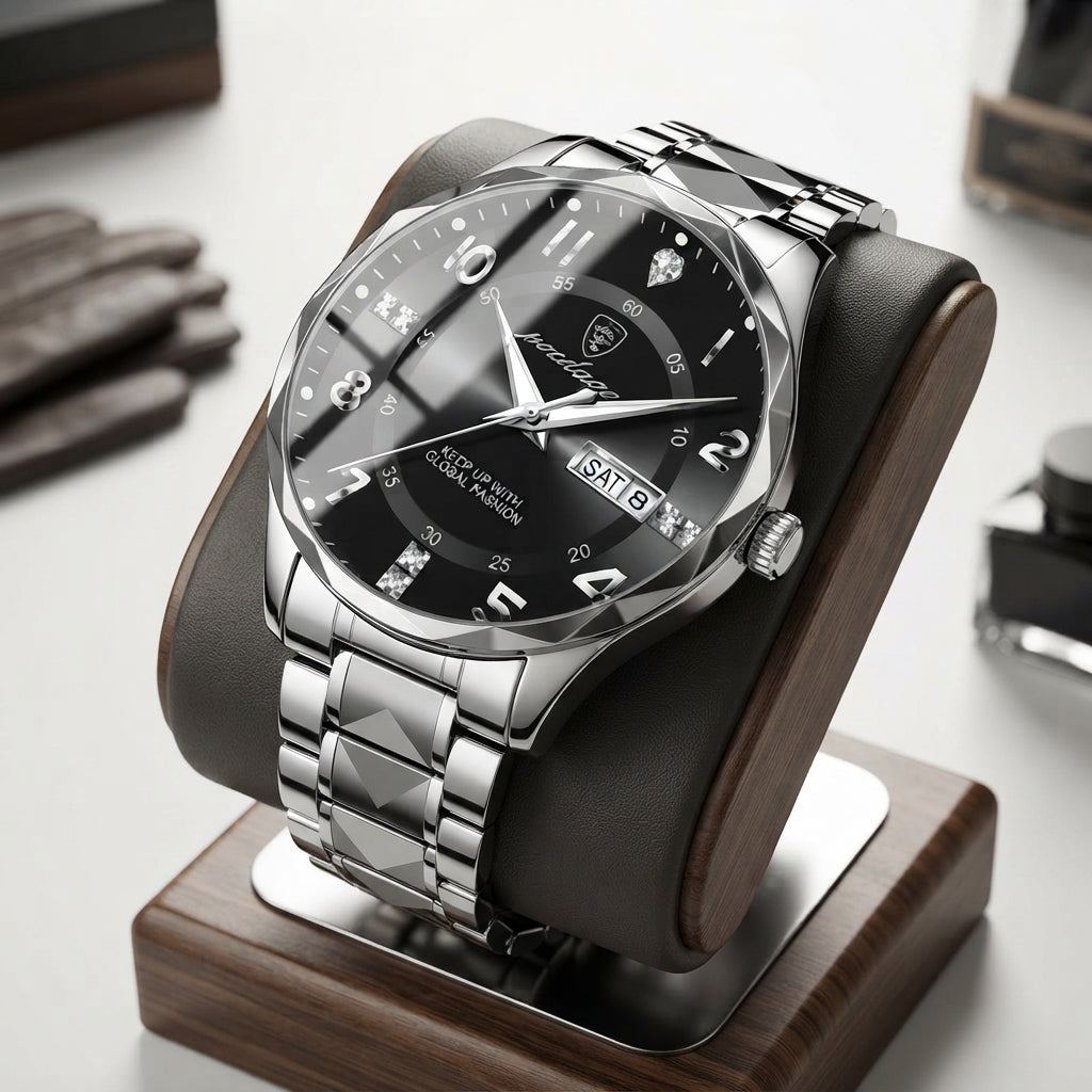 Titanium watch with analogue digital display and scratch resistant glass - silver bracelet with black dial