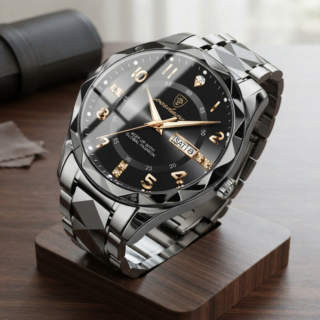 Titanium watch with analogue digital display and scratch resistant glass - black case with black dial