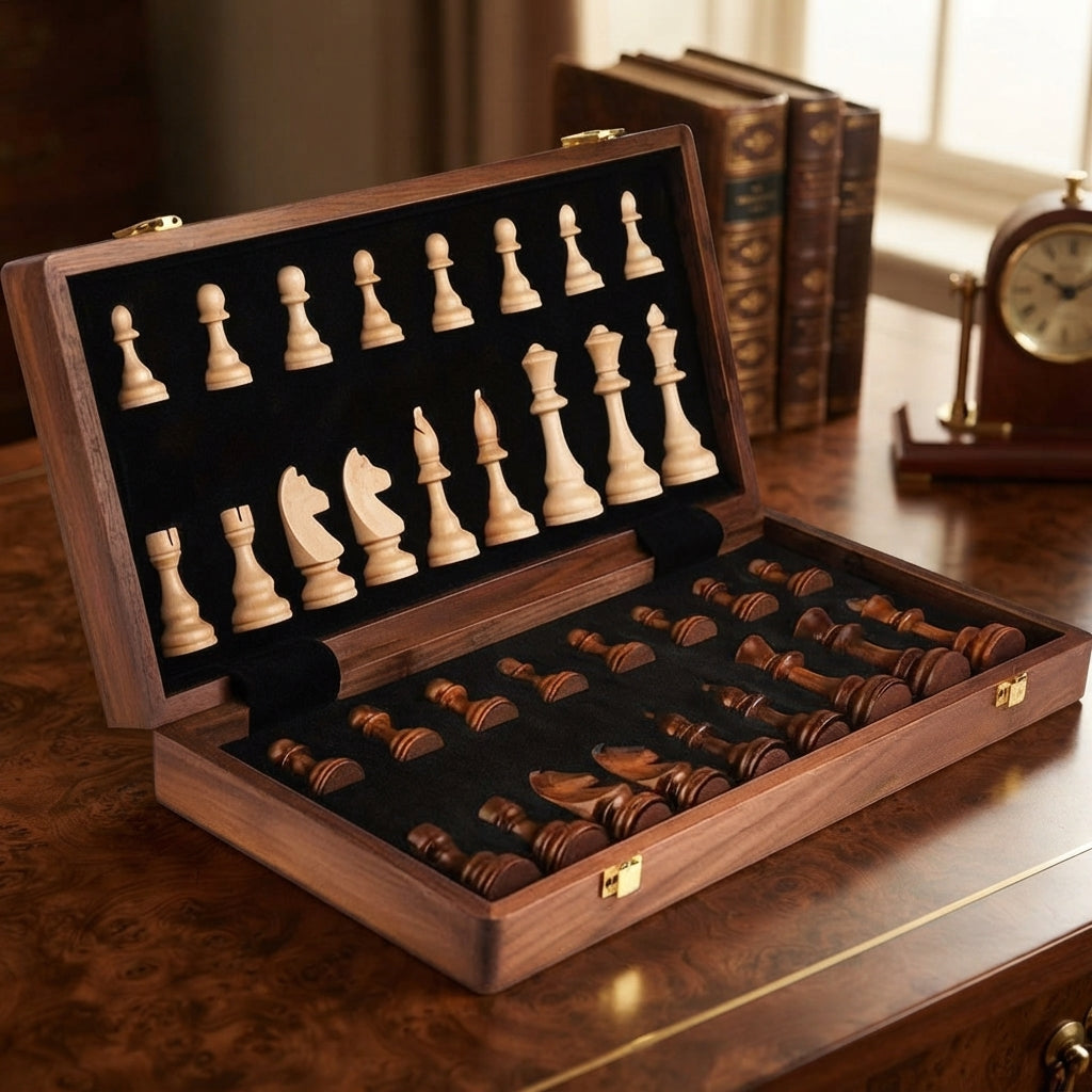 Foldable wooden chess board with magnetic closure