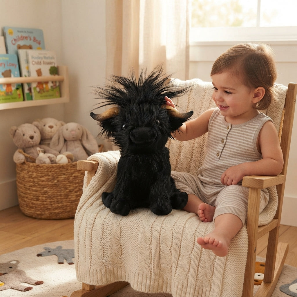 Highland cow plush toy with realistic fur detail