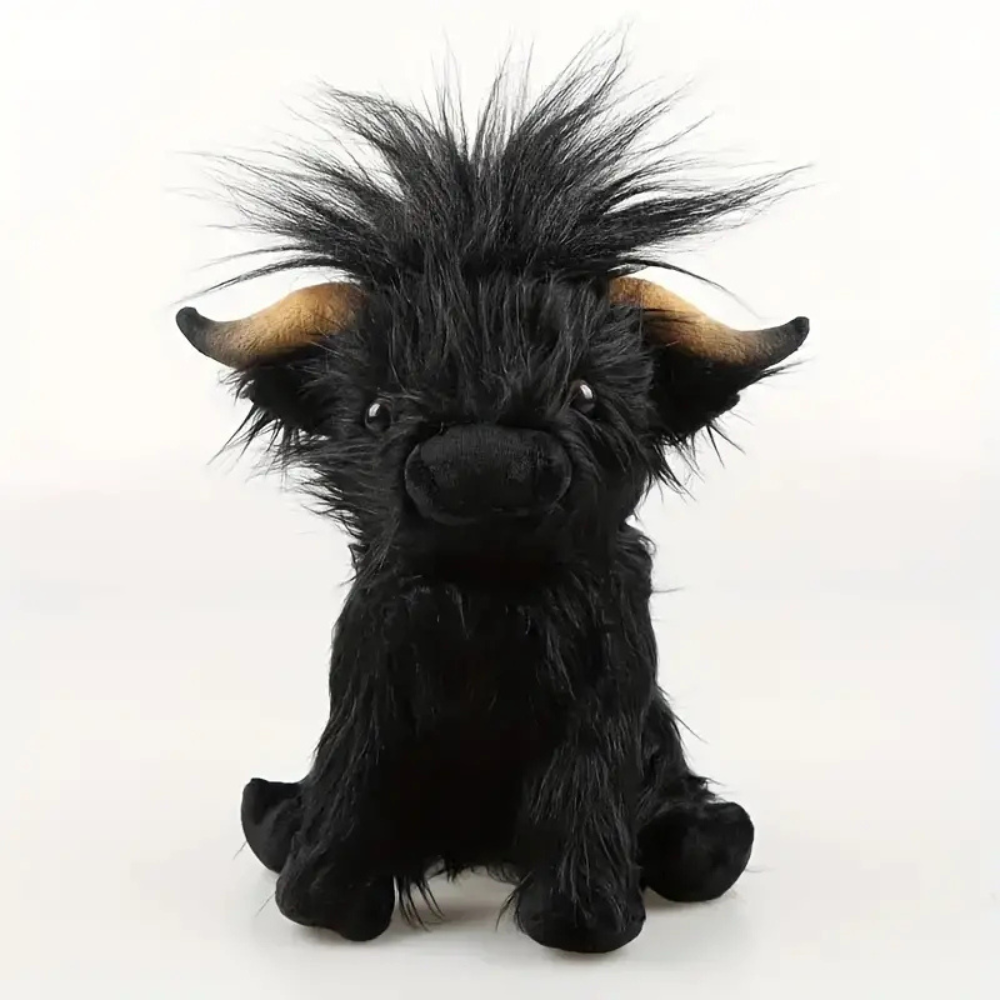Highland cow plush toy with realistic fur detail - black