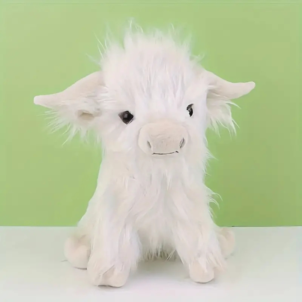 Highland cow plush toy with realistic fur detail - white
