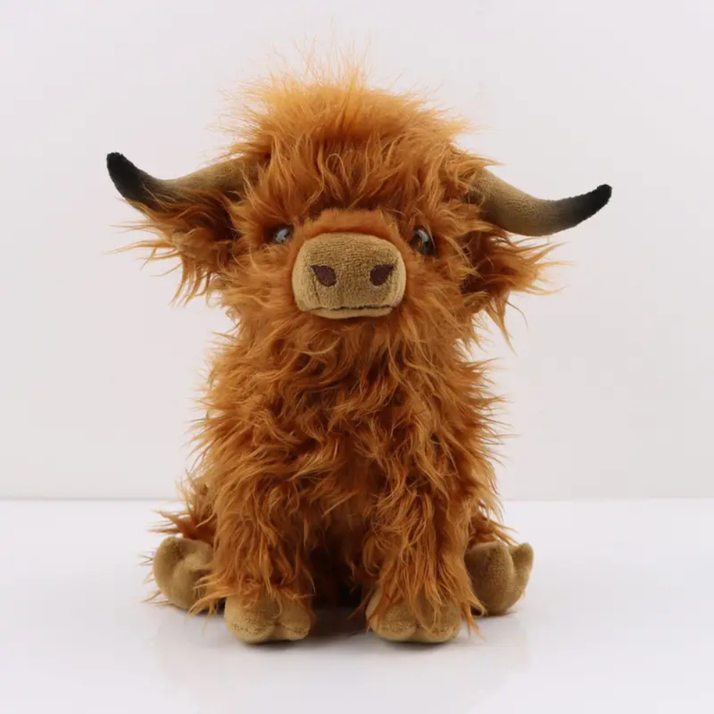 Highland cow plush toy with realistic fur detail - brown