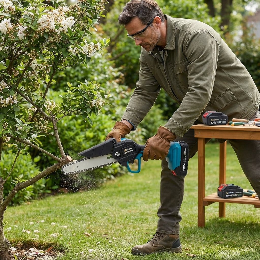 Cordless chainsaw with two rechargeable batteries for branches