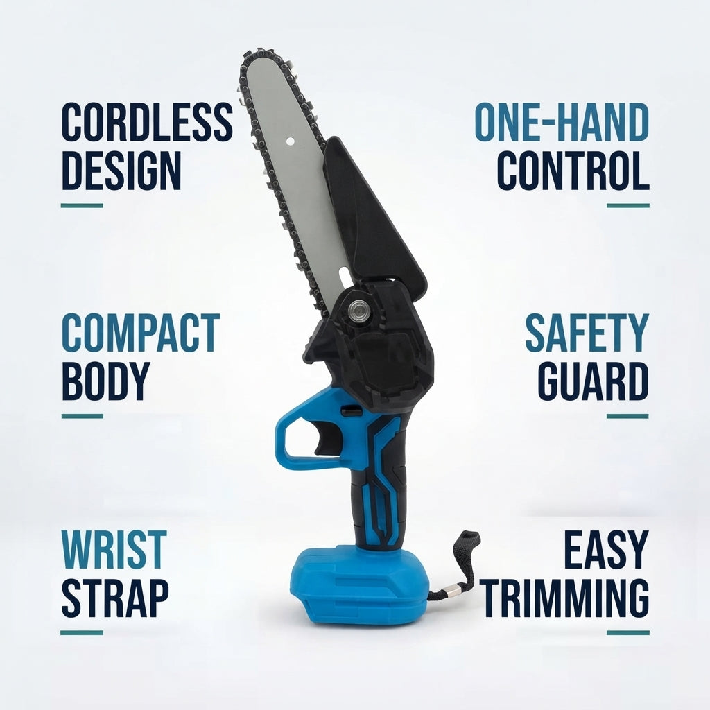 Cordless chainsaw with two rechargeable batteries for branches