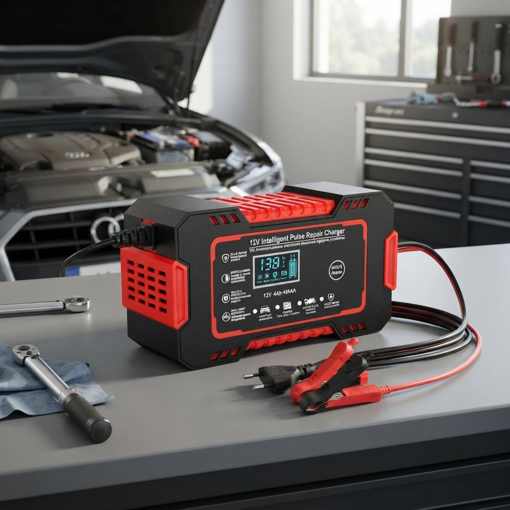 Car battery charger for AGM and lead acid batteries - red
