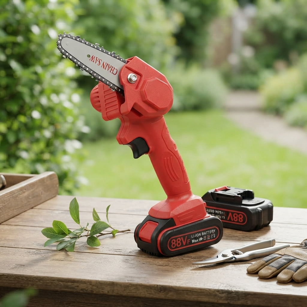 Battery chainsaw with one hand operation for garden cutting