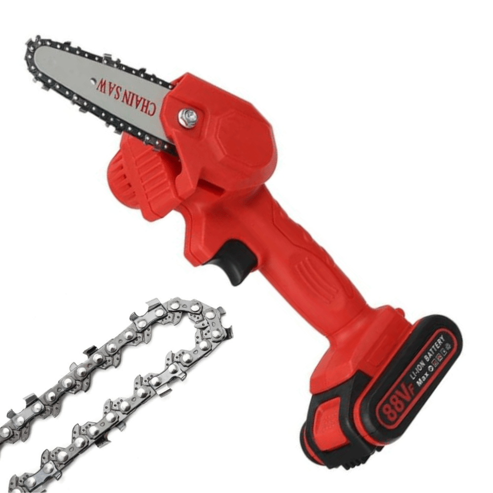 Battery chainsaw with one hand operation for garden cutting - orange