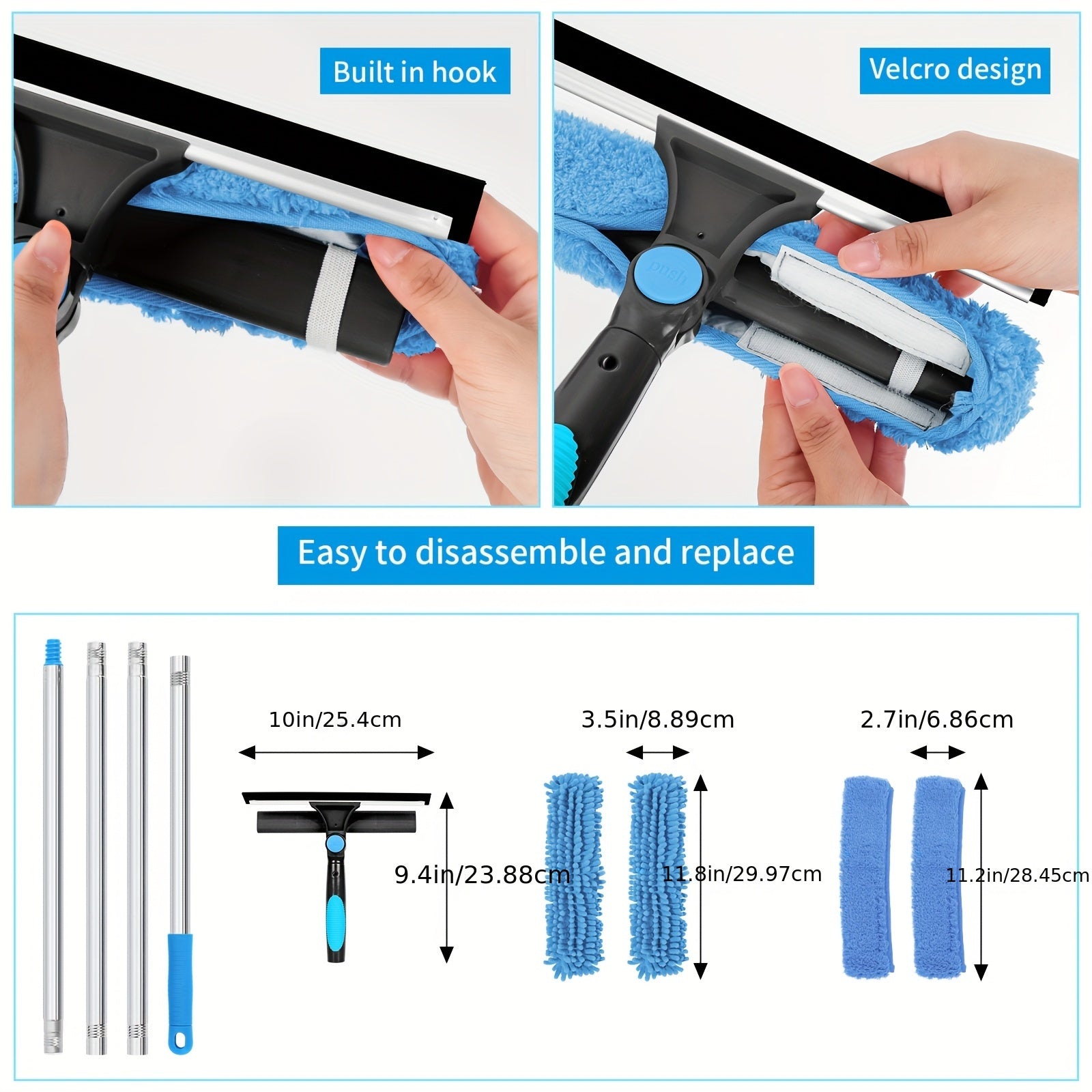 Telescopic Window Cleaner With Rotating Squeegee And Replacement Pads