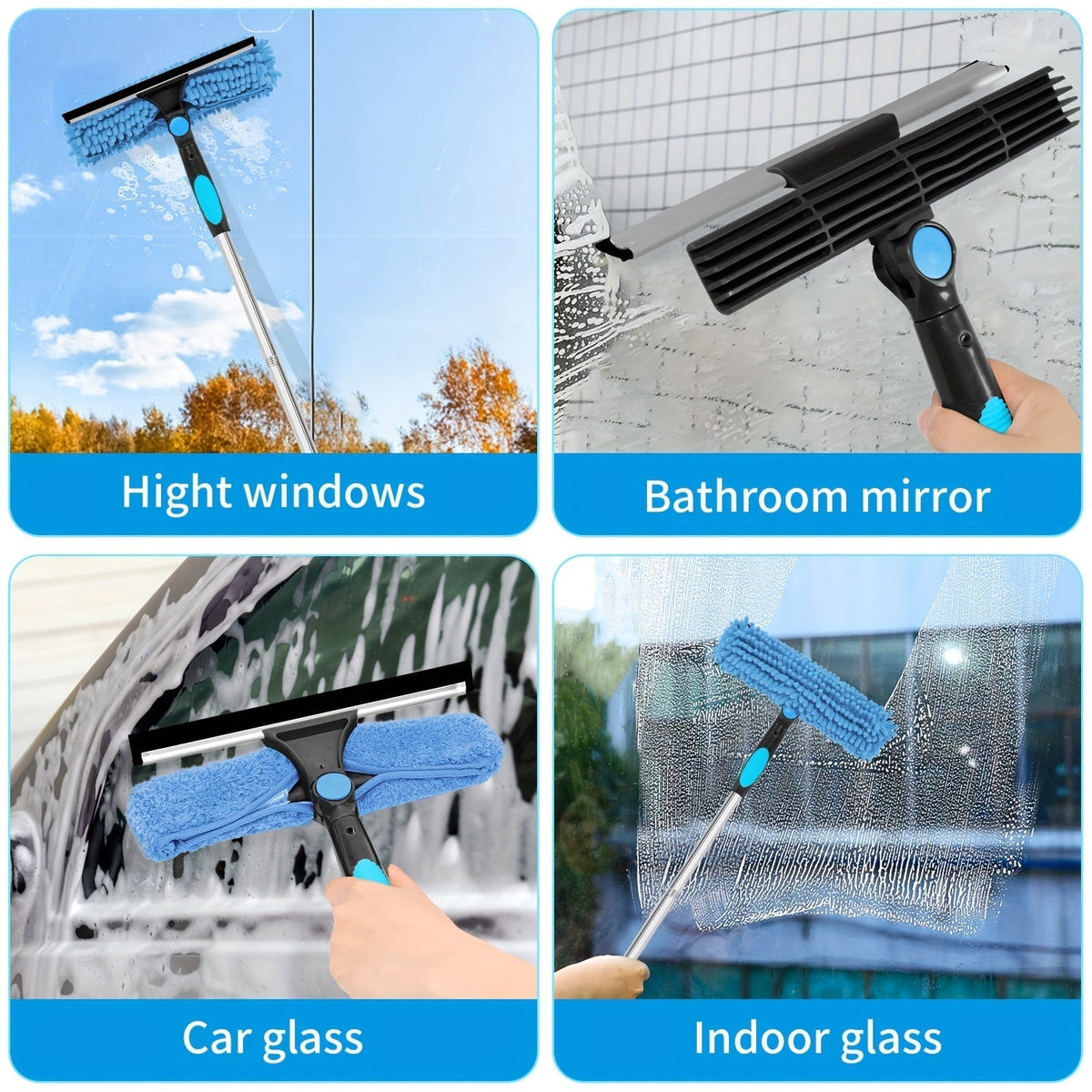 Telescopic Window Cleaner With Rotating Squeegee And Replacement Pads