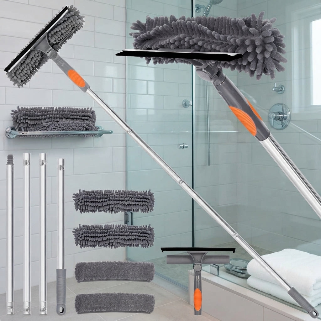 Telescopic Window Cleaner With Rotating Squeegee And Replacement Pads - gray