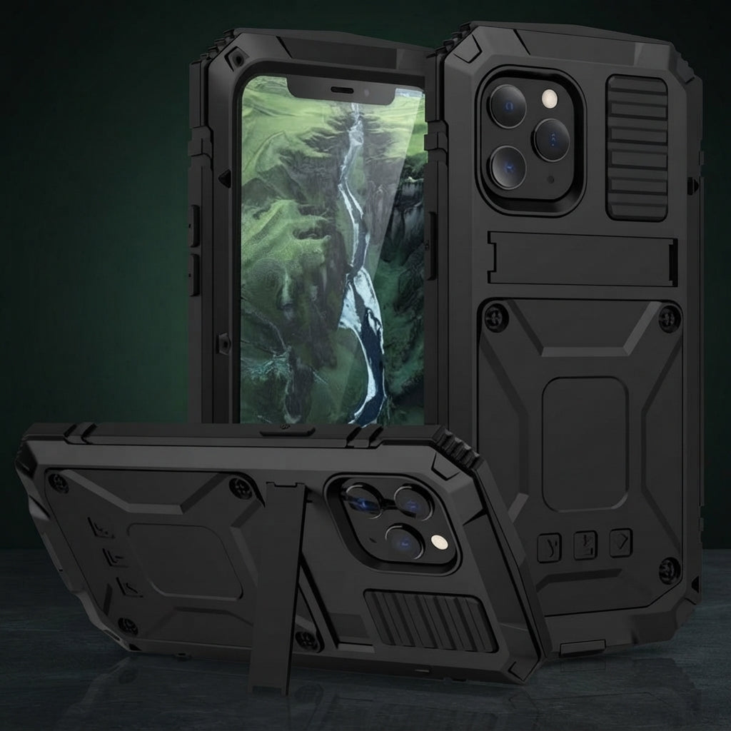 Phone Case With Tempered Glass Screen And Metal Frame - black
